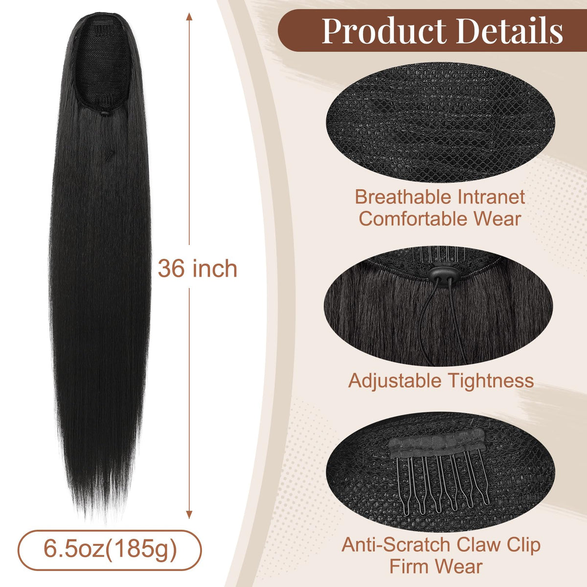 Flufymooz natural black synthetic ponytail extension being attached securely over a high hair bun.