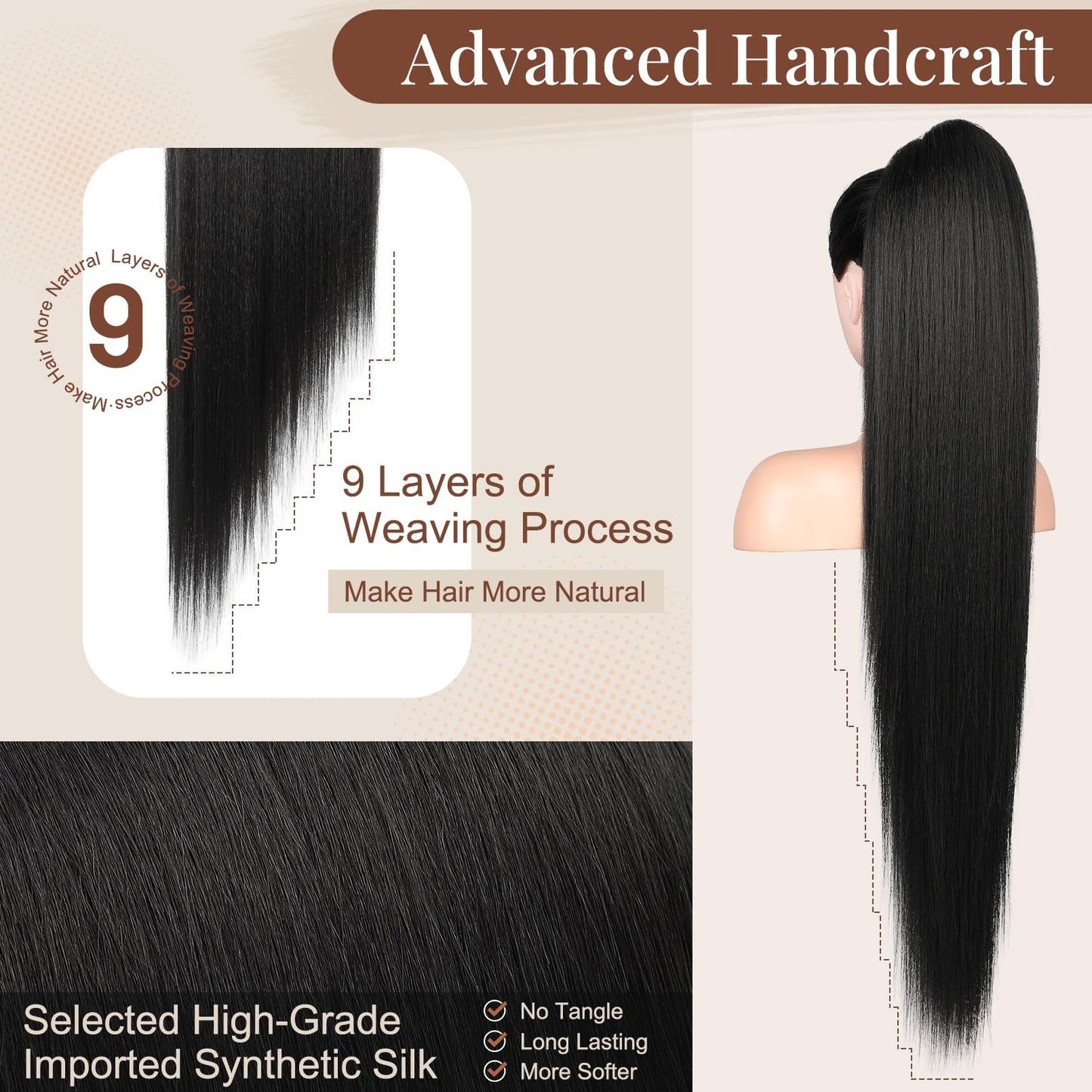 Side profile of a woman wearing the Henan Rebecca manufactured 36 inch straight drawstring hair extension.