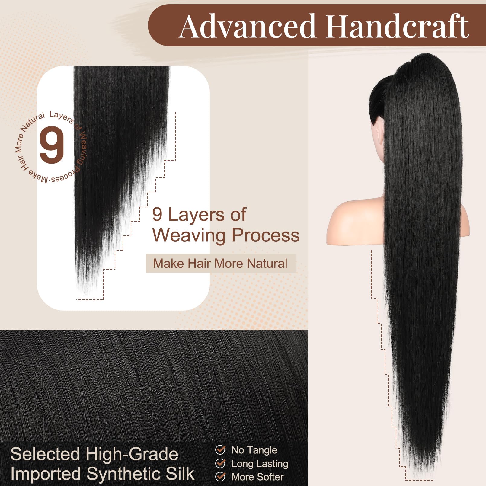 Side profile of a woman wearing the Henan Rebecca manufactured 36 inch straight drawstring hair extension.