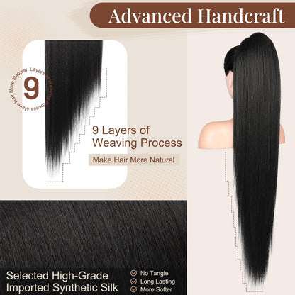 Side profile of a woman wearing the Henan Rebecca manufactured 36 inch straight drawstring hair extension.