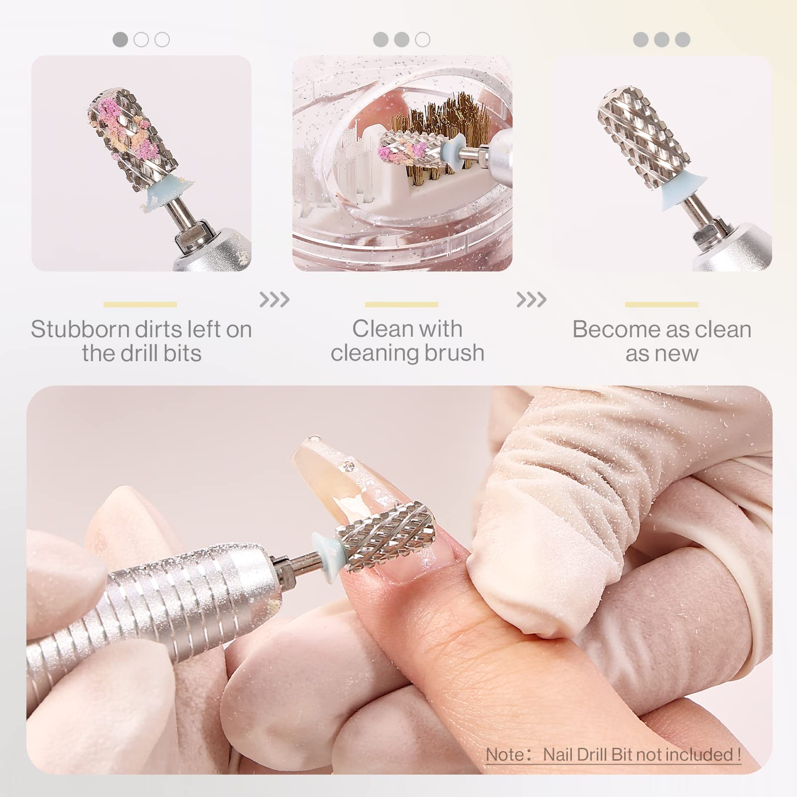 MelodySusie white manicure cleaning kit demonstrating removal of acrylic gel debris from carbide bits