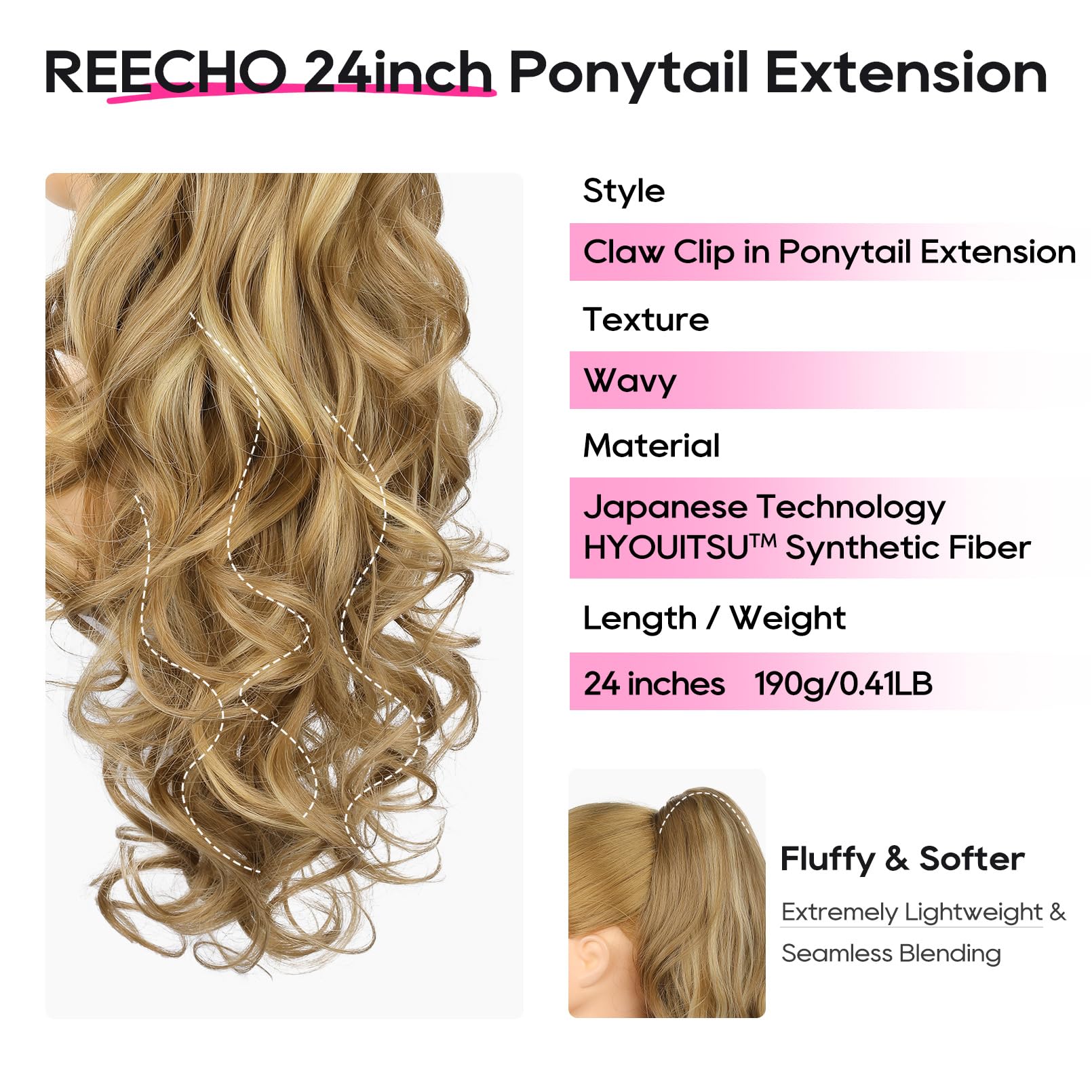 REECHO claw clip pony extension showcasing the secure jaw clip mechanism for easy attachment.