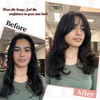 Side angle view displaying the seamless blend of natural black curtain bangs
