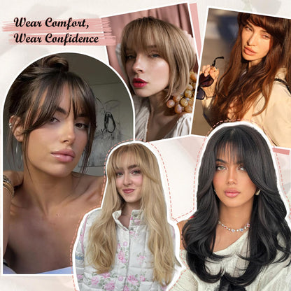 Demonstration of heat styling the real human hair fake bangs with a flat iron