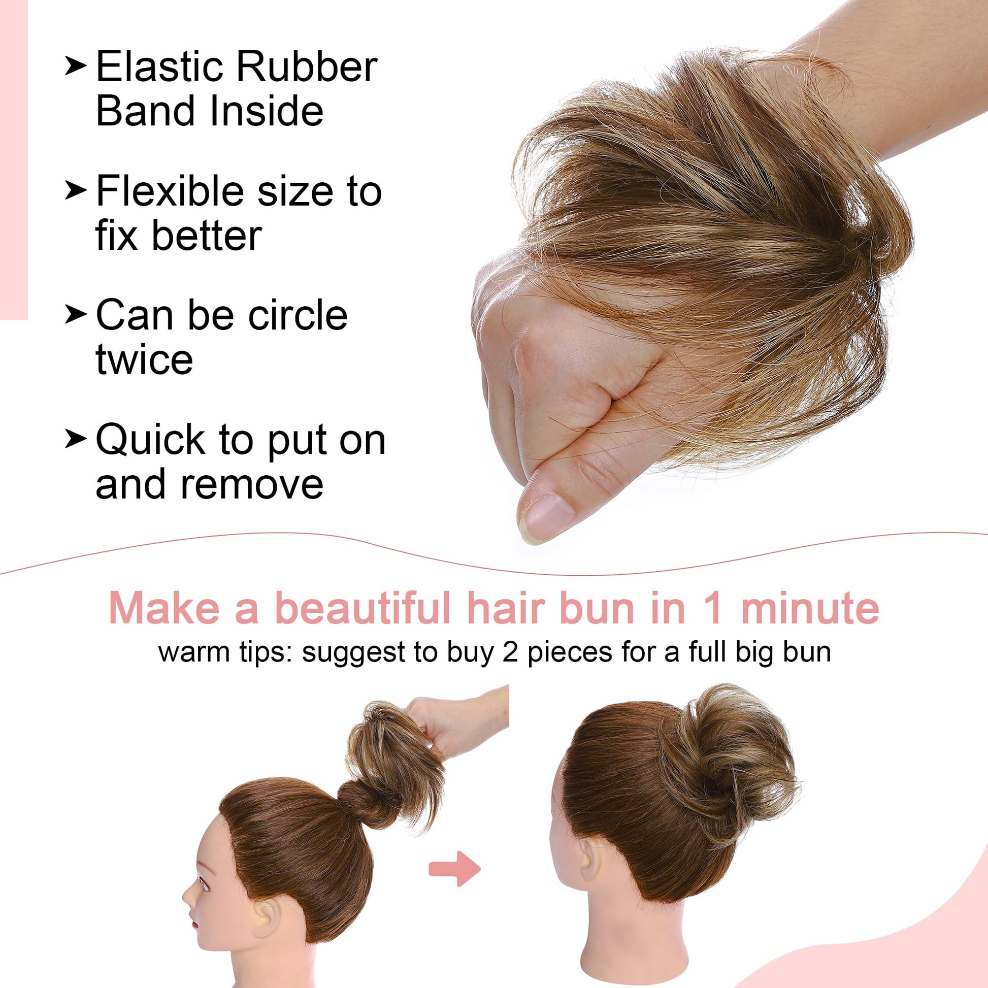 Durable elastic band inside the real hair scrunchie bun extension piece.
