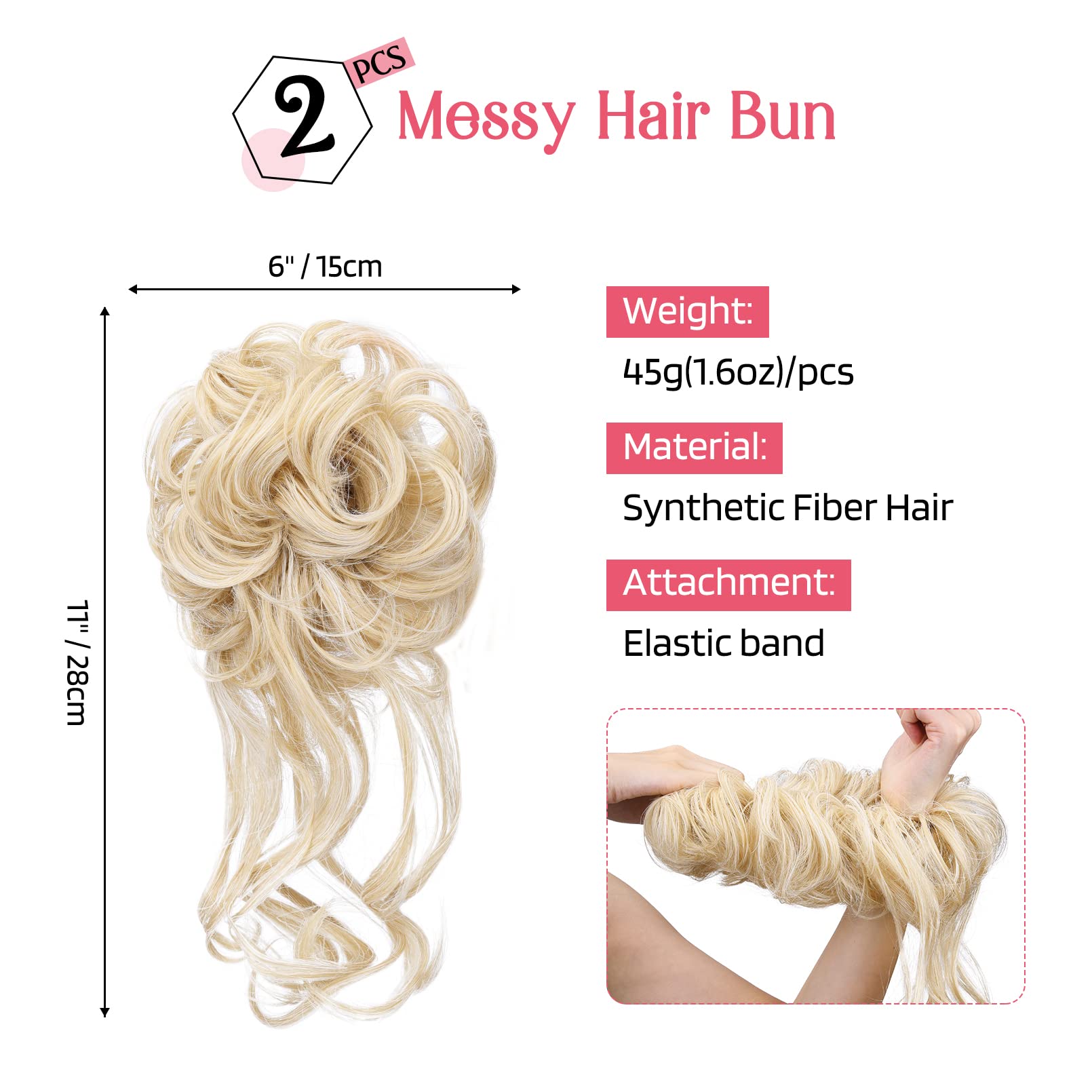 Two pieces of cool light blonde synthetic hair scrunchies with wavy curly framing tendrils.