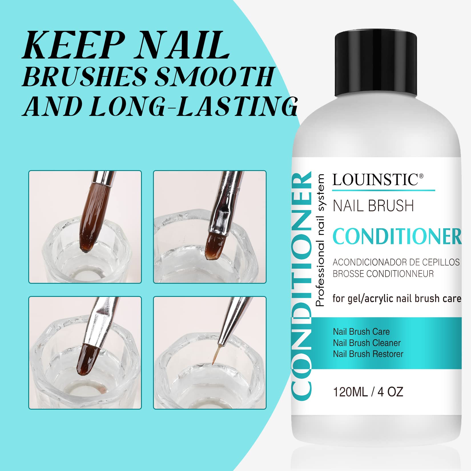 Before and after comparison of frayed nail art brush restored with LOUINSTIC conditioner