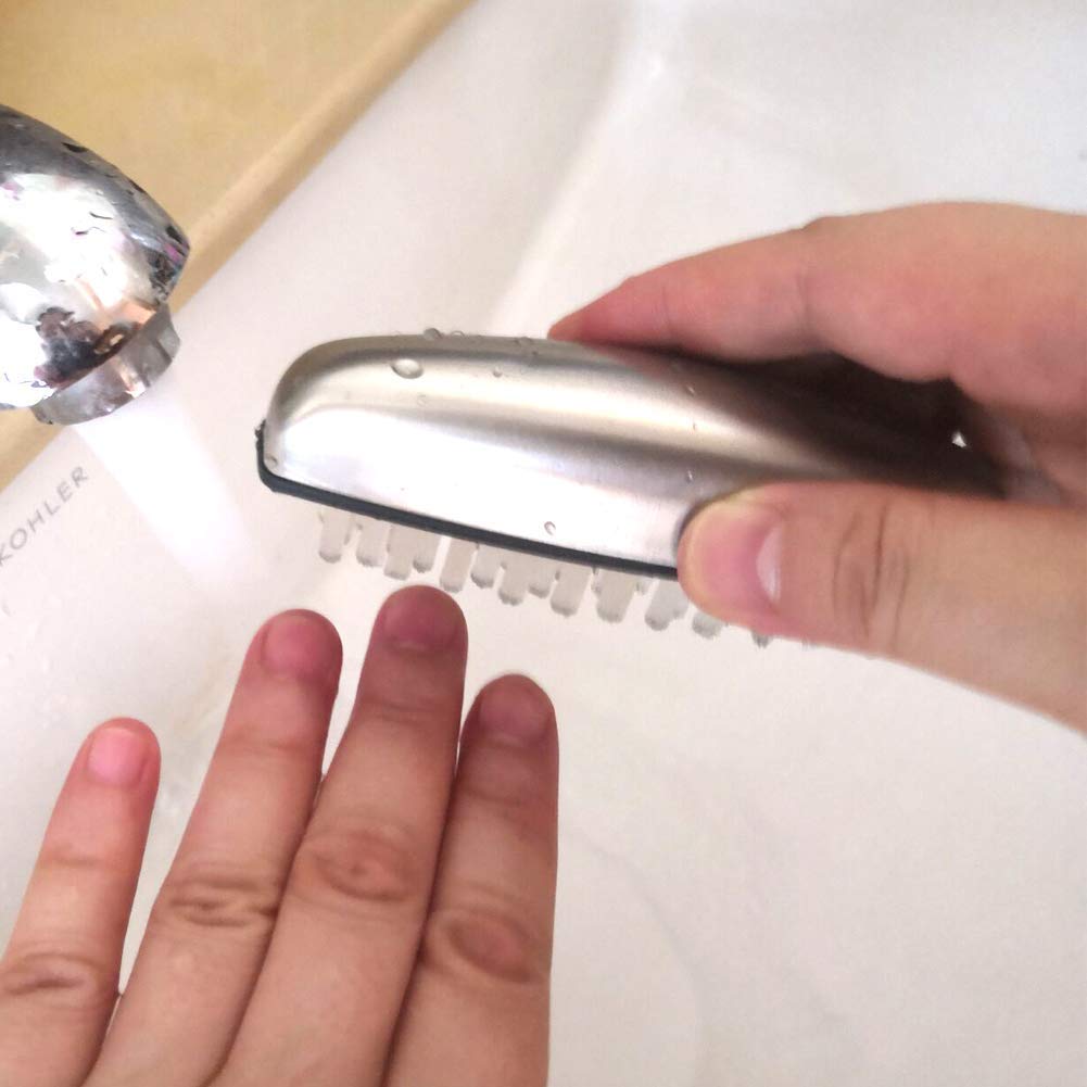 Ergonomic silver hand cleaning brush showing the durable non slip grip design