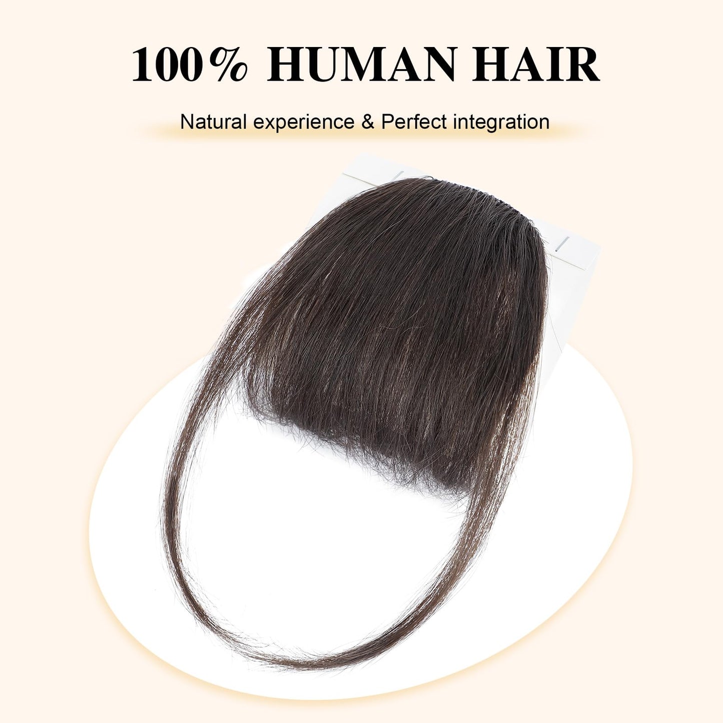 Close up view of non slip attachment clips on dark brown wispy fringe hairpiece