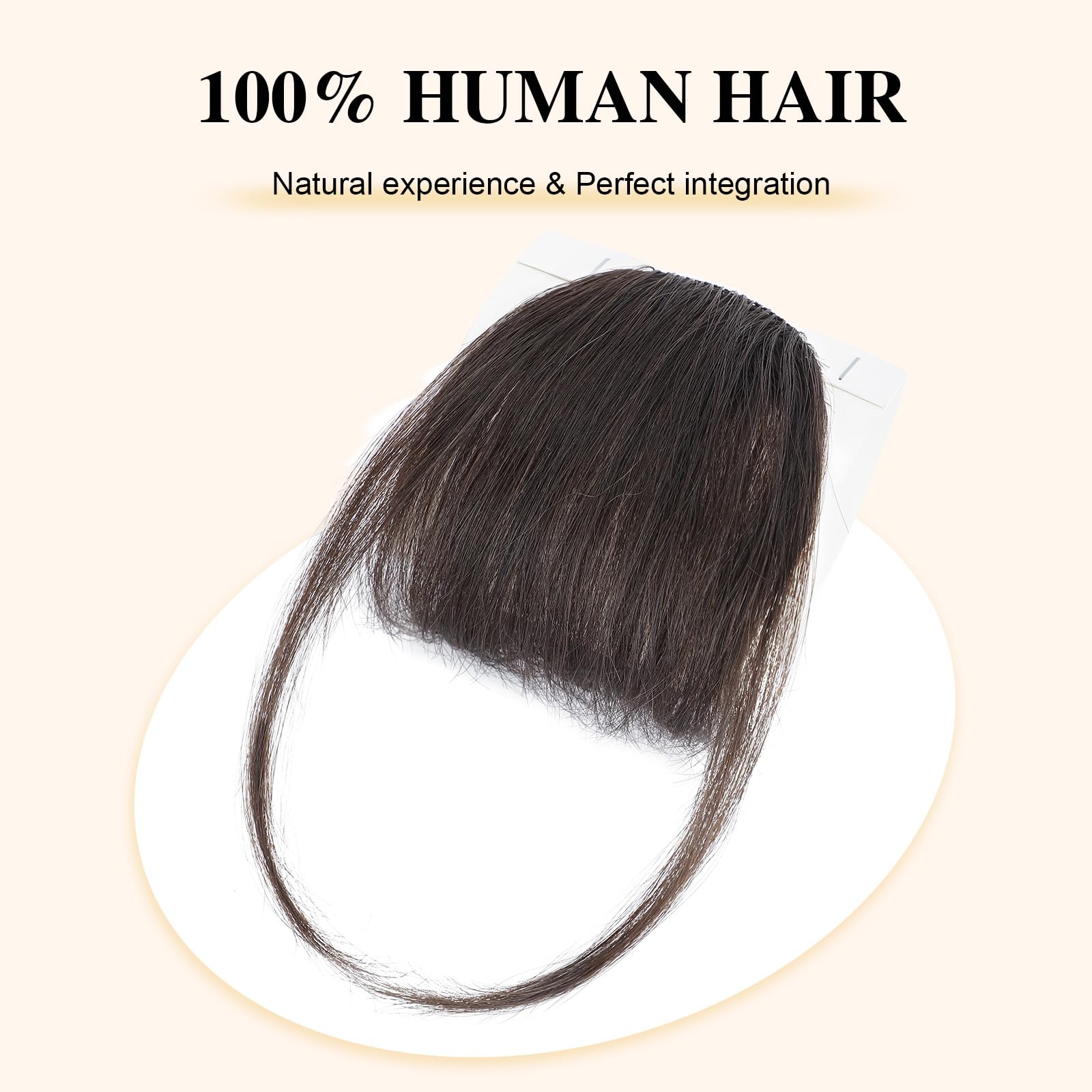 Close up view of non slip attachment clips on dark brown wispy fringe hairpiece