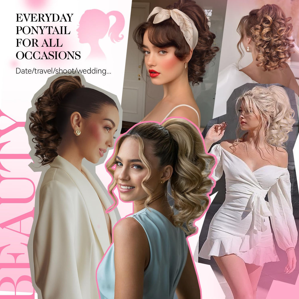 Before and after application of dark brown wavy ponytail hair extension for women