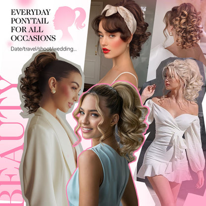 Before and after application of dark brown wavy ponytail hair extension for women