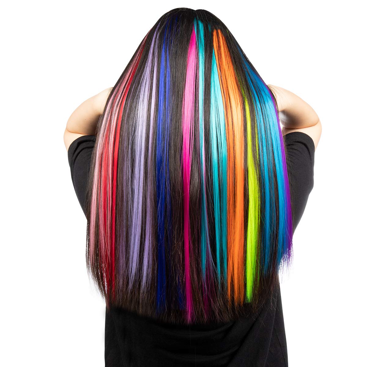 Close up of the pressure sensitive snap clips on the colorful party highlight extensions.