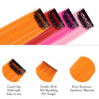 Vibrant neon and rainbow shades of the 22 inch long straight synthetic hairpieces laid out flat.