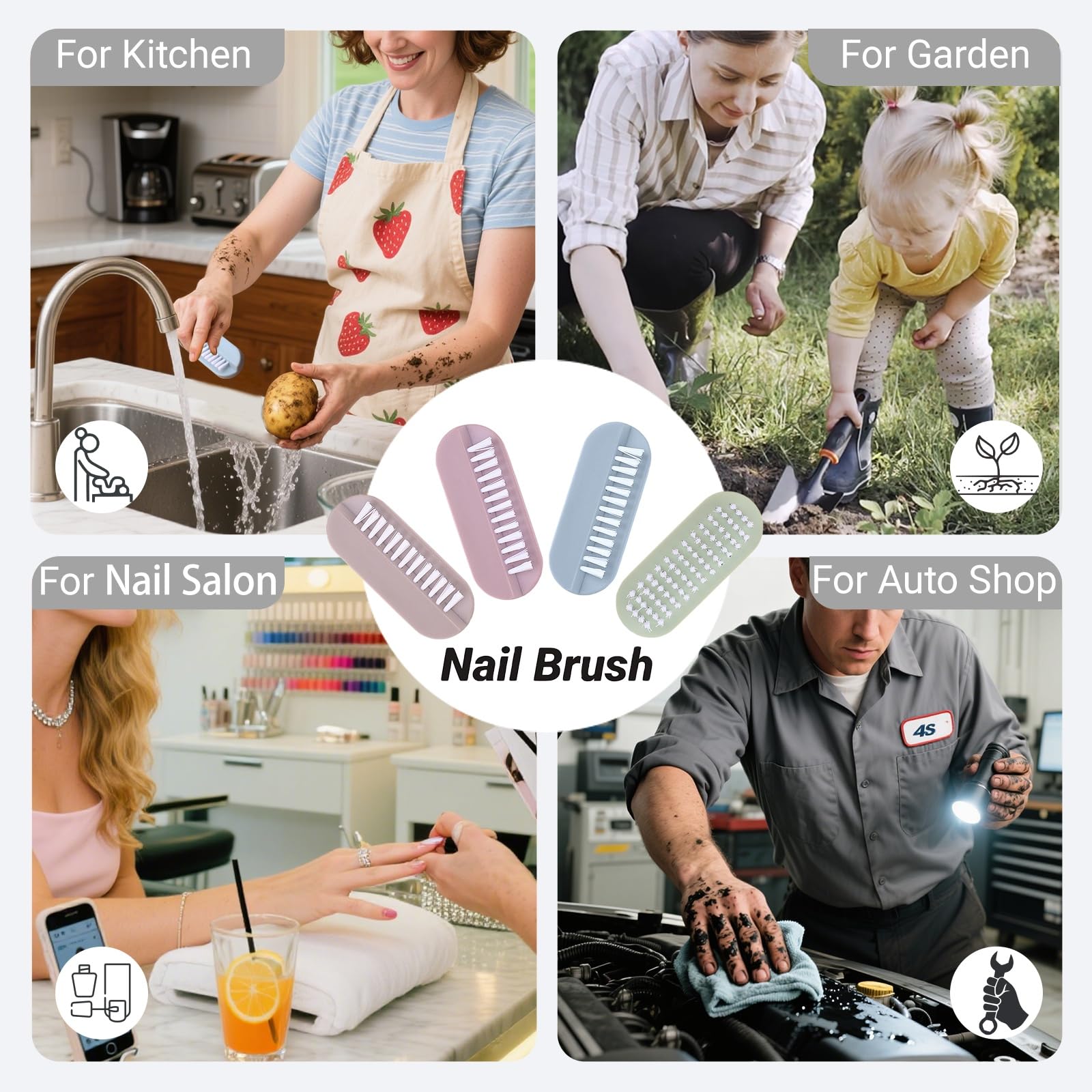Four piece set of Oyewalls plastic nail scrubbing brushes