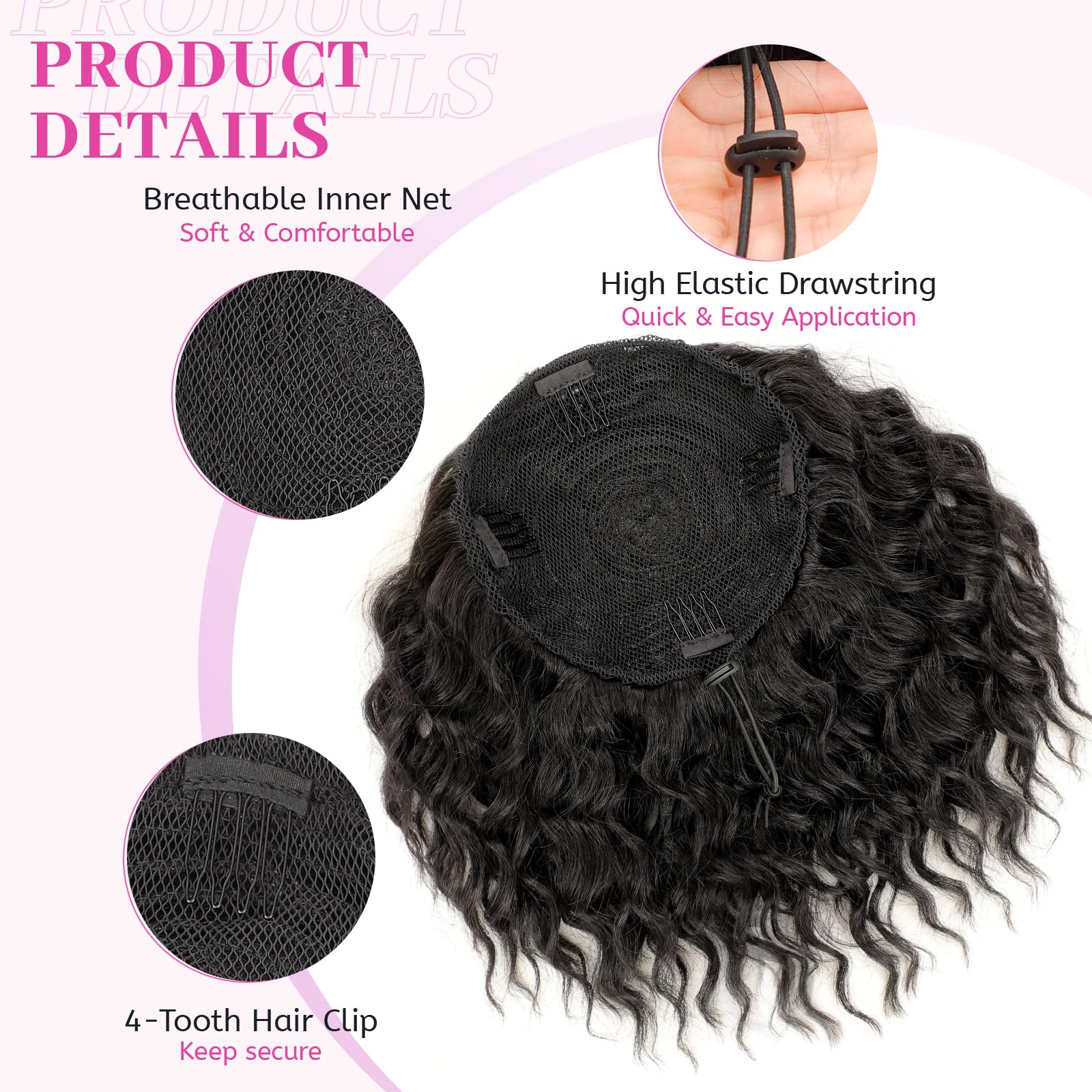 8 inch short jet black synthetic hairpiece on a model showing high volume