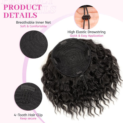 8 inch short jet black synthetic hairpiece on a model showing high volume