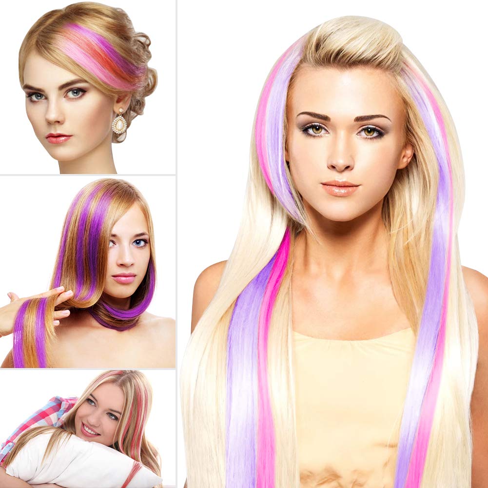 Detailing the 1.18 inch width and straight texture of the imported rainbow hair extensions.