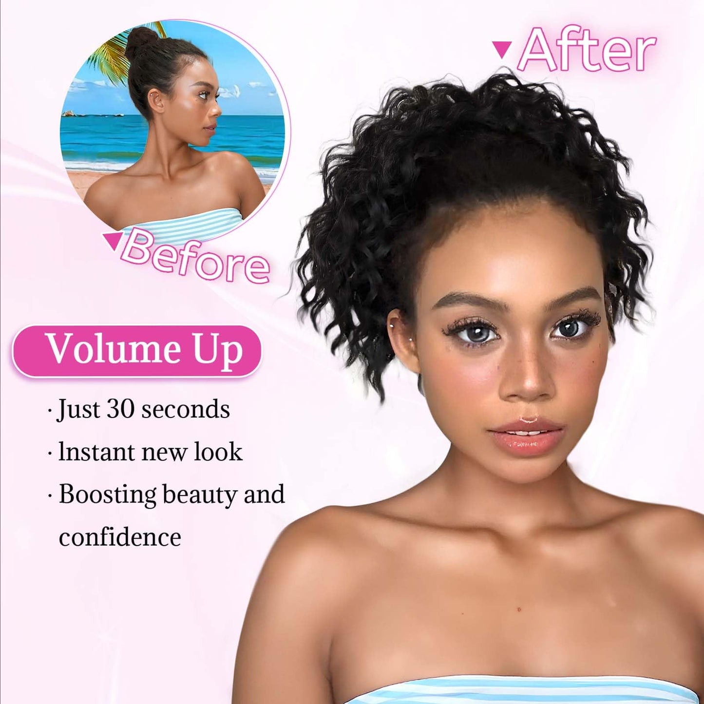Fluffy curly synthetic ponytail hair extension showing breathable net details