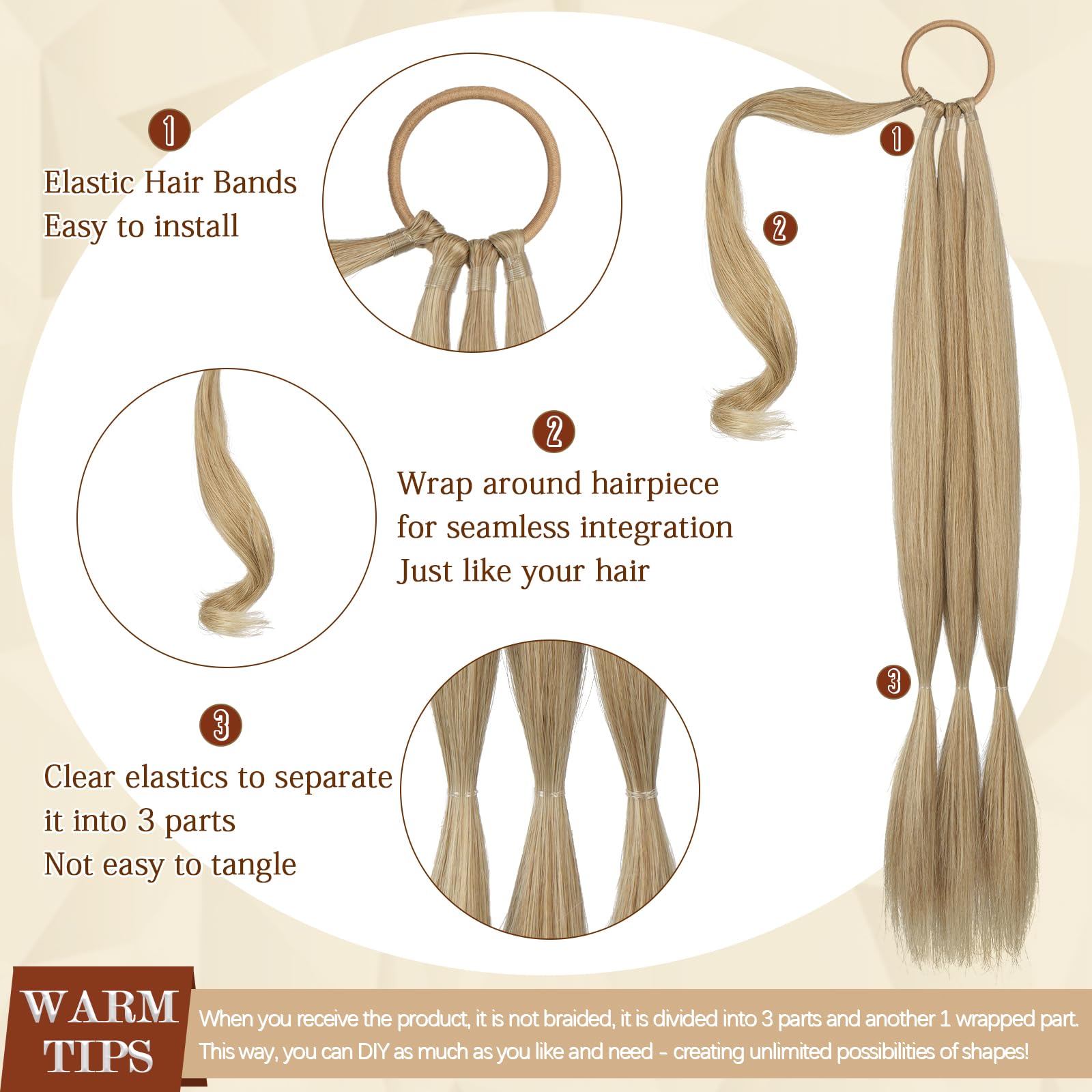 Sofeiyan straight wrap around synthetic ponytail extension showcasing the hair tie attachment mechanism