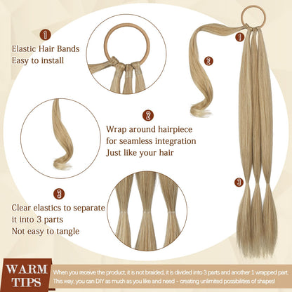 Sofeiyan straight wrap around synthetic ponytail extension showcasing the hair tie attachment mechanism