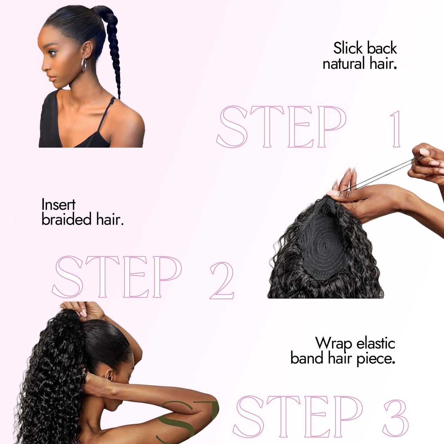 Jet black curly hairpiece for daily use styling illustration