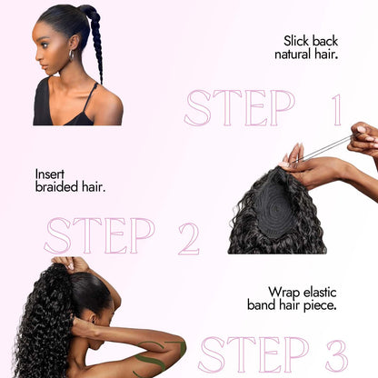 Jet black curly hairpiece for daily use styling illustration