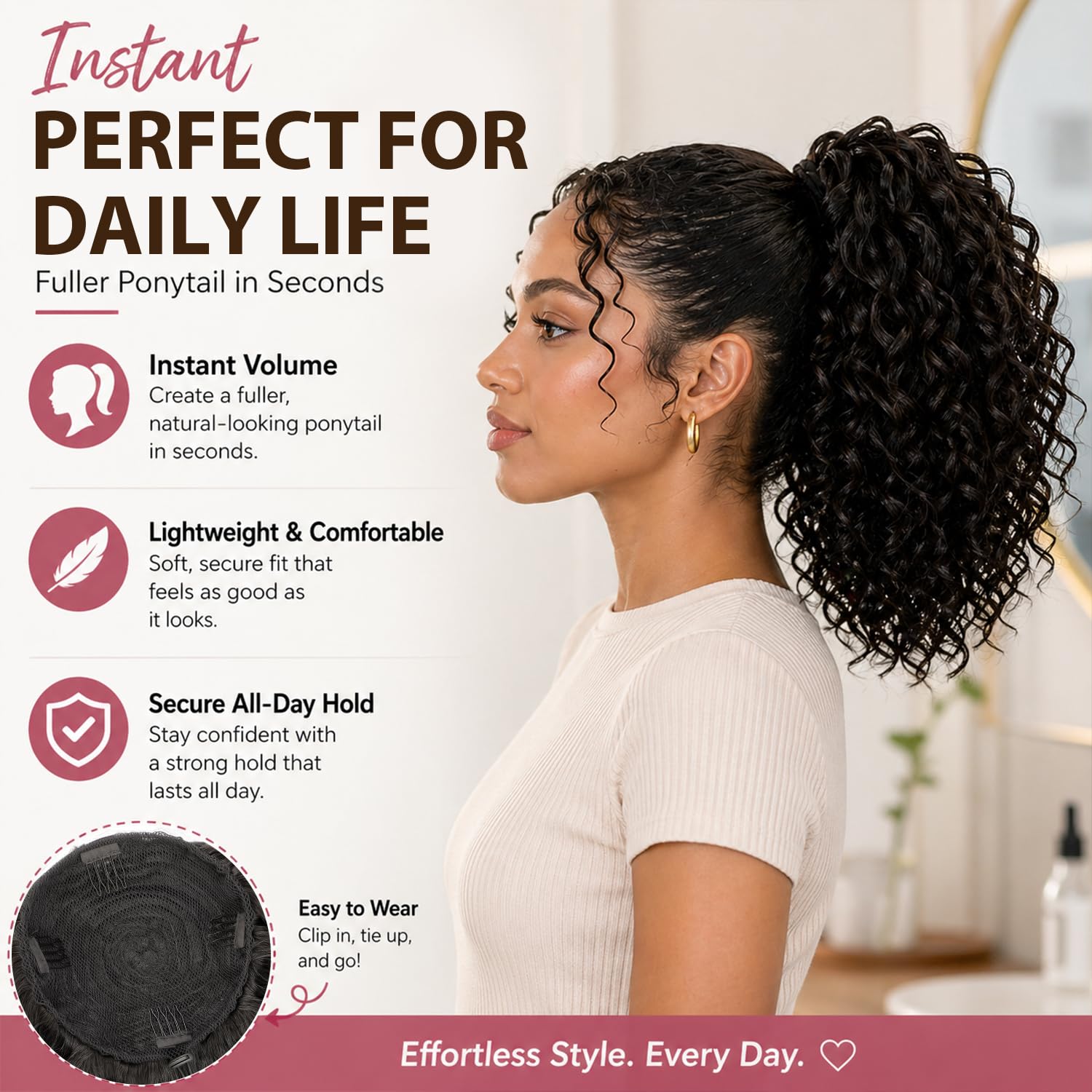 Premium quality heat resistant curly ponytail extension back view