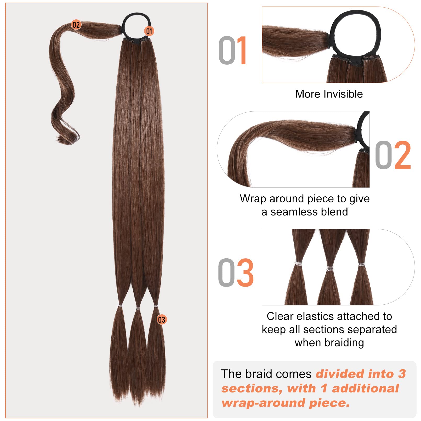 Close up of the wrap around elastic tie mechanism on the SEIKEA 34 inch braided ponytail hairpiece