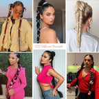 Rear view of a model sporting the finished 30 inch braided ponytail look in medium brown with medium auburn