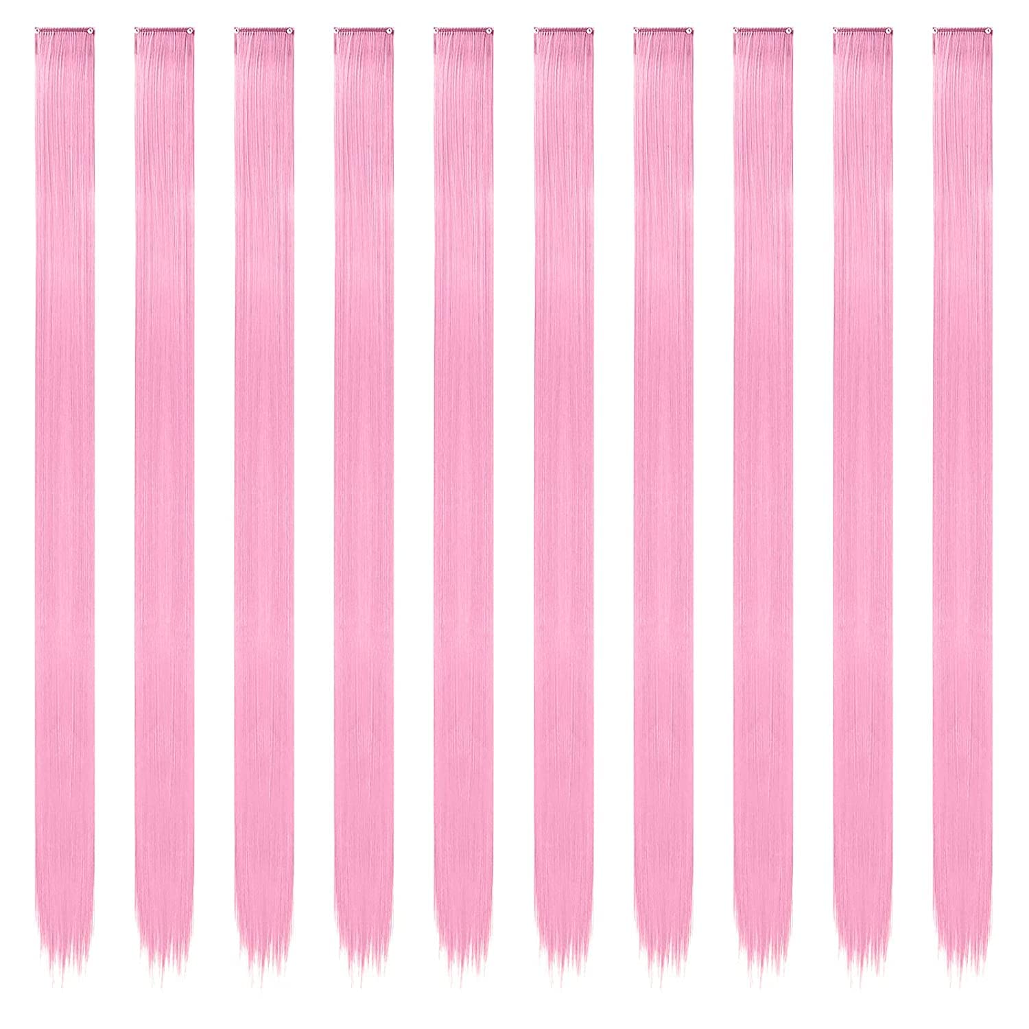 Ten pieces of straight pink synthetic clip in hair highlights spread out clearly