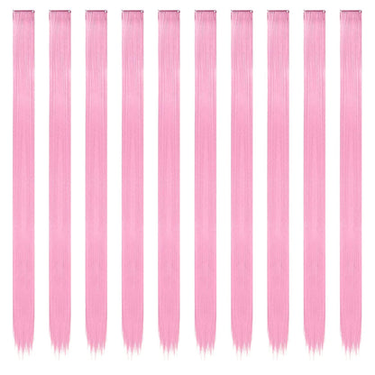 Ten pieces of straight pink synthetic clip in hair highlights spread out clearly
