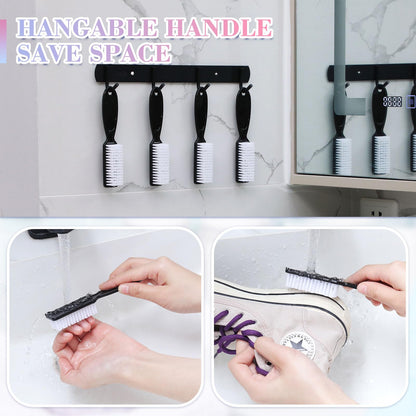 Patelai multi purpose black plastic cleaning brushes hanging on storage hooks to dry.