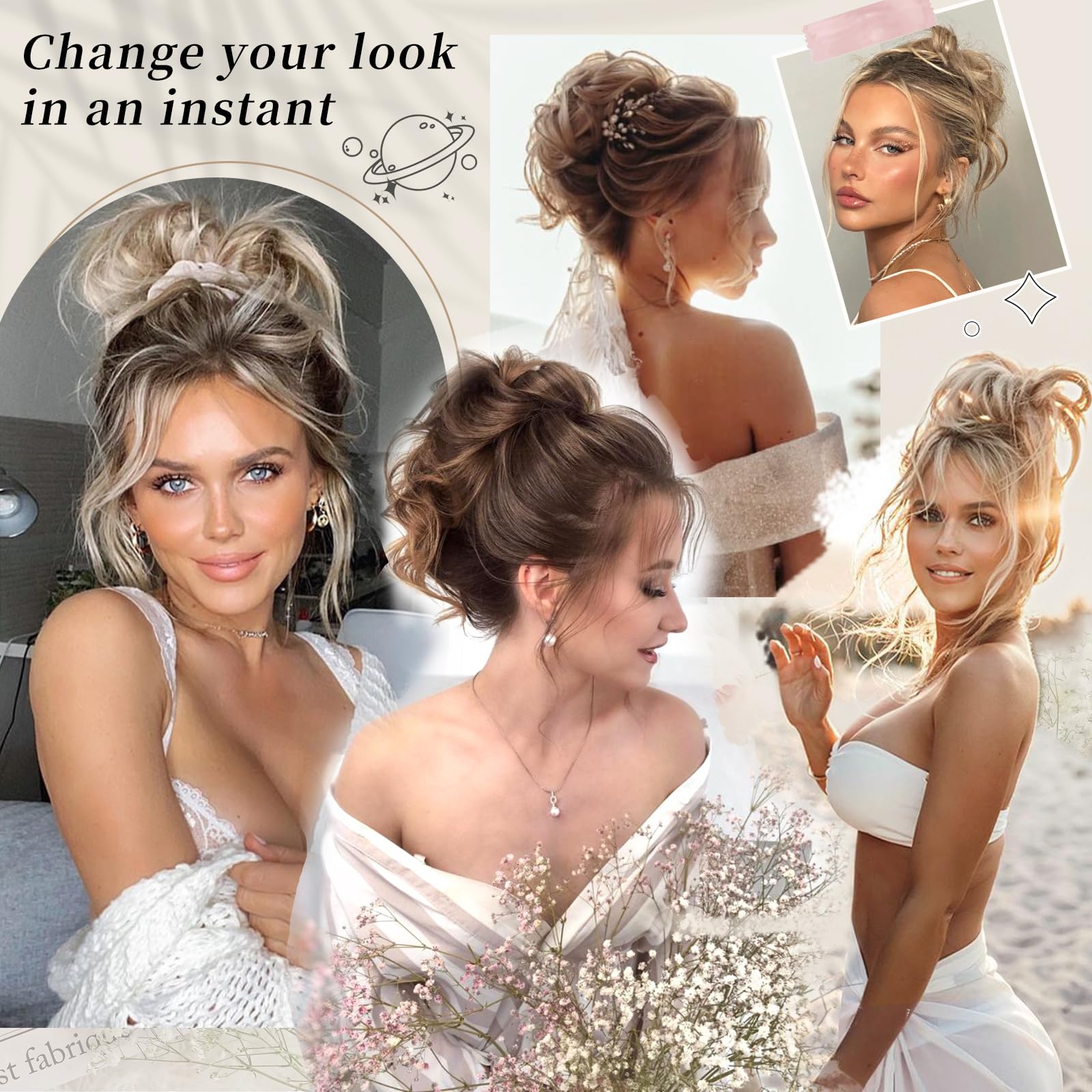 HMD messy bun hair accessory packaging display emphasizing premium Japanese heat-resistant fibers for women