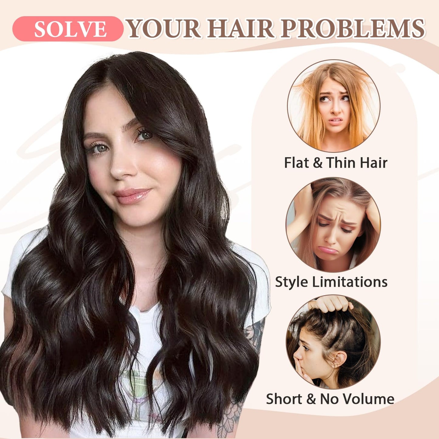 Back view model demonstrating instant volume with dark brown hairpieces