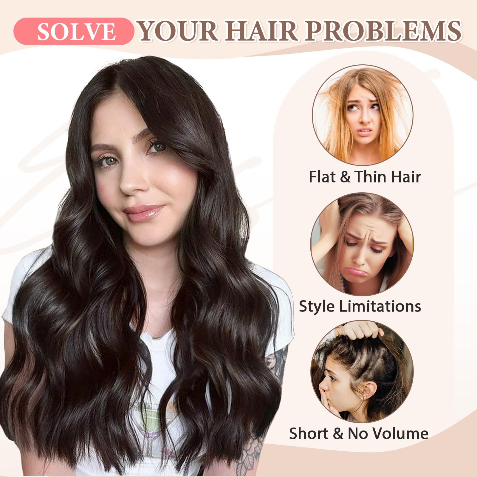 Back view model demonstrating instant volume with dark brown hairpieces