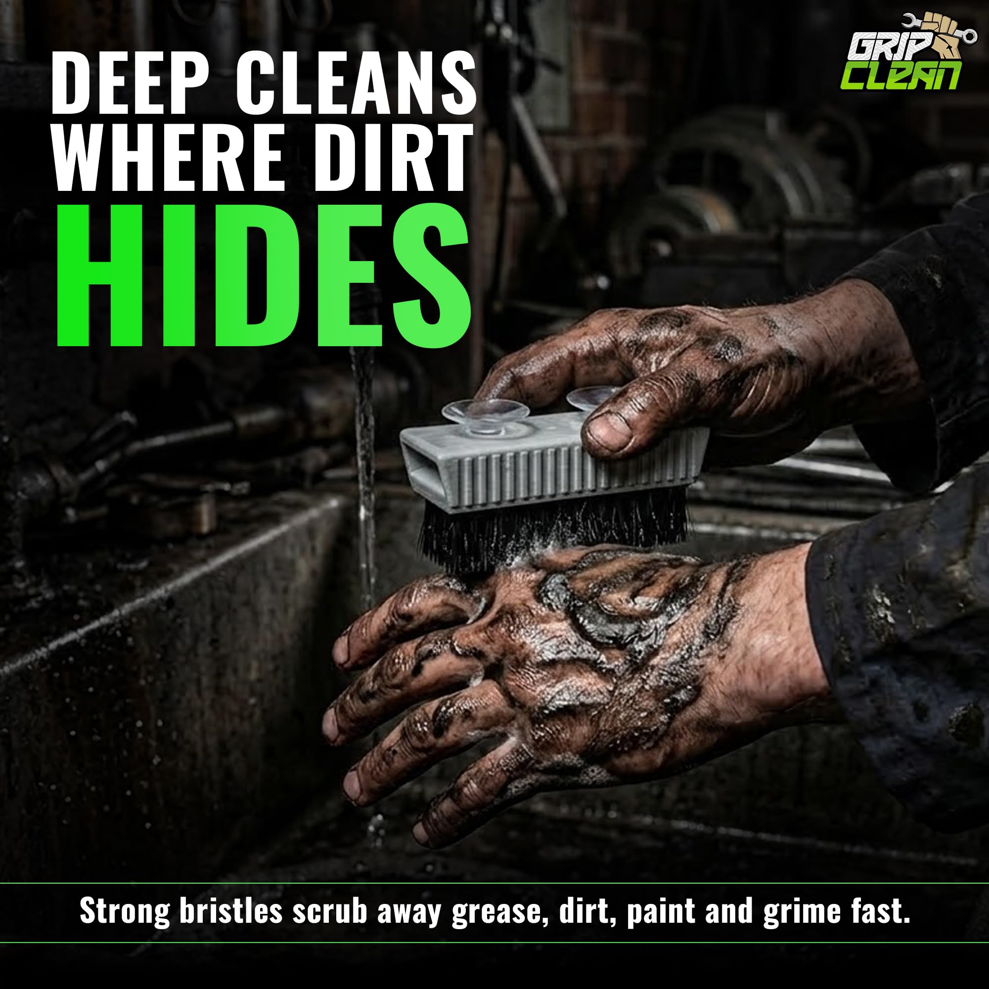 Grip Clean nail scrubber brush side profile highlighting the ergonomic ribbed grip for mechanics
