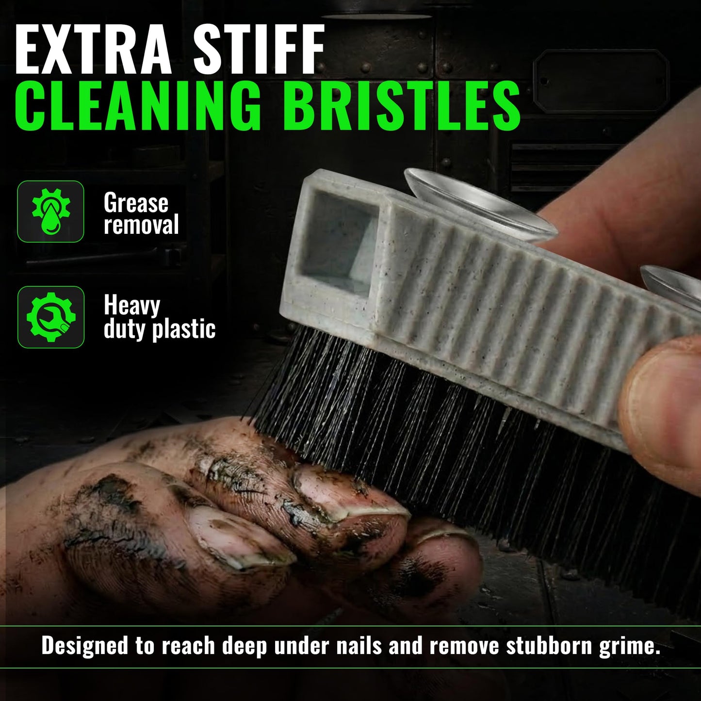 Back view of the Grip Clean hand brush displaying the removable suction cup design mounted on a tile wall