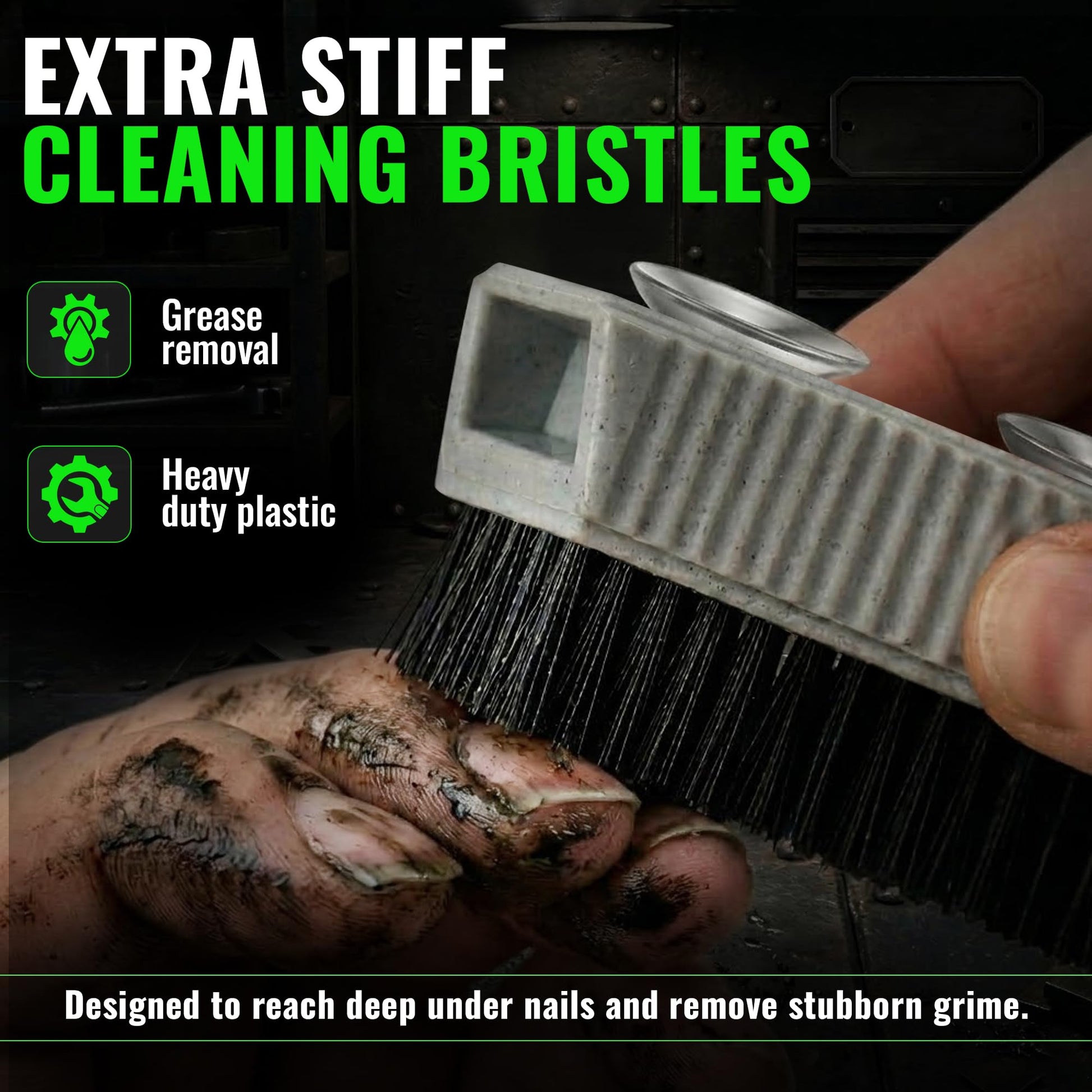 Back view of the Grip Clean hand brush displaying the removable suction cup design mounted on a tile wall