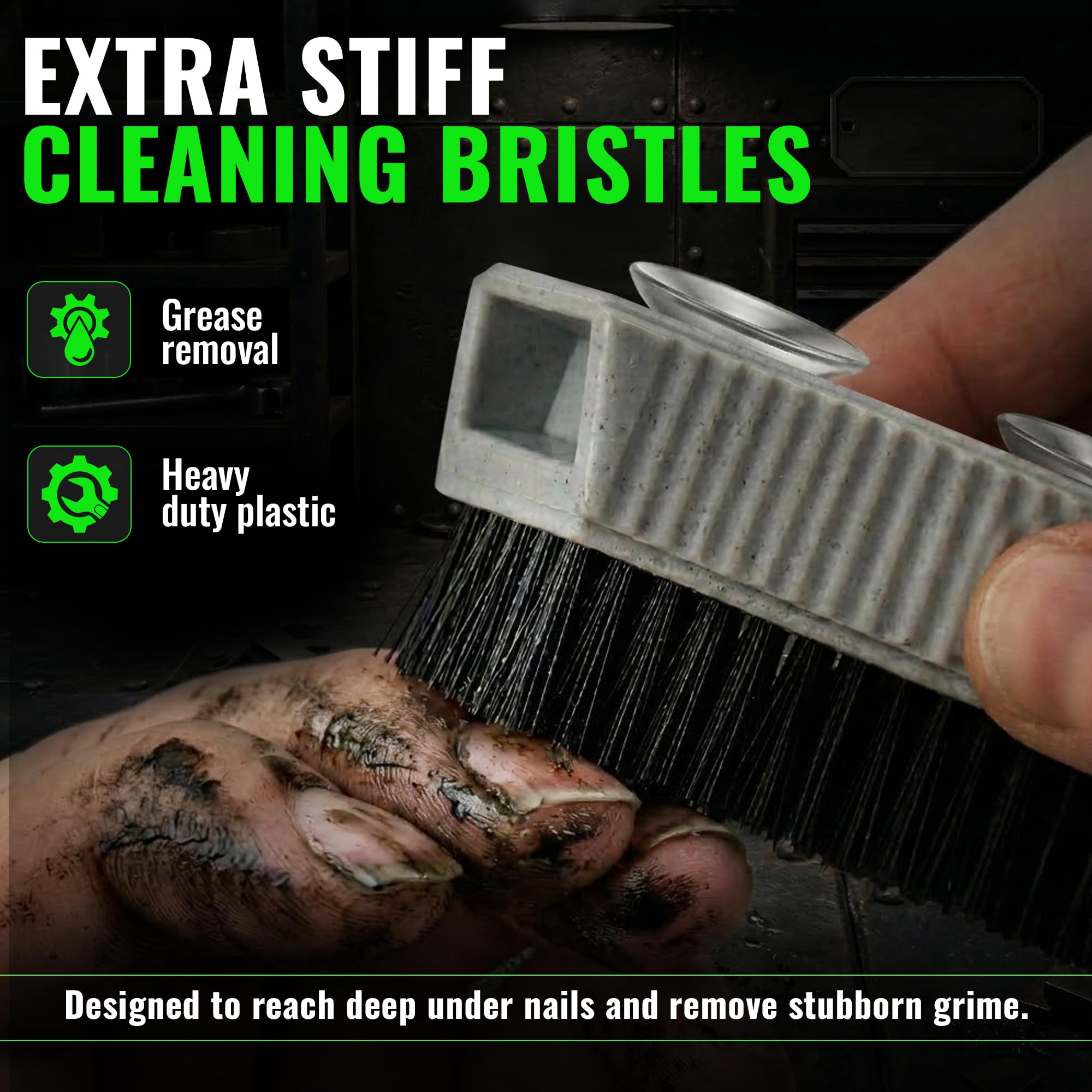 Back view of the Grip Clean hand brush displaying the removable suction cup design mounted on a tile wall