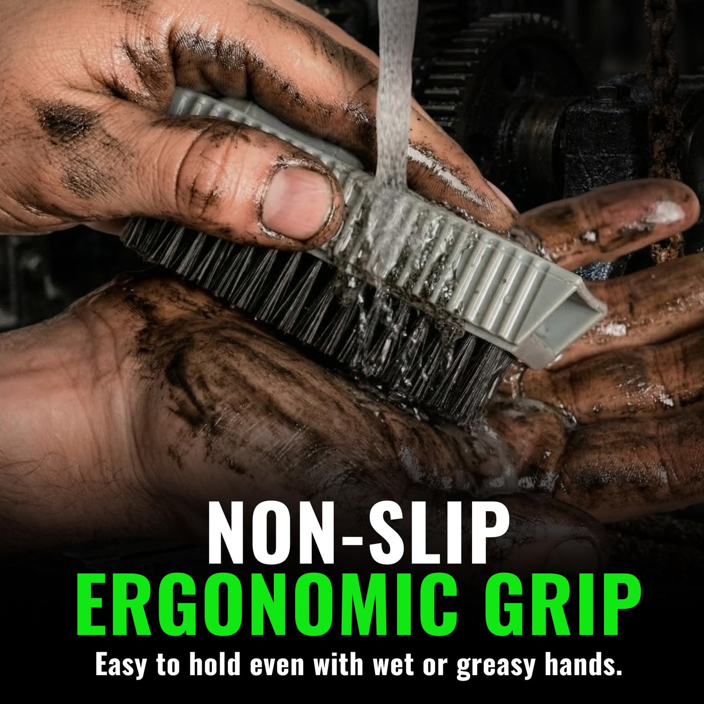 Close up of the extra stiff strength nylon bristles on the Grip Clean fingernail cleaner tool