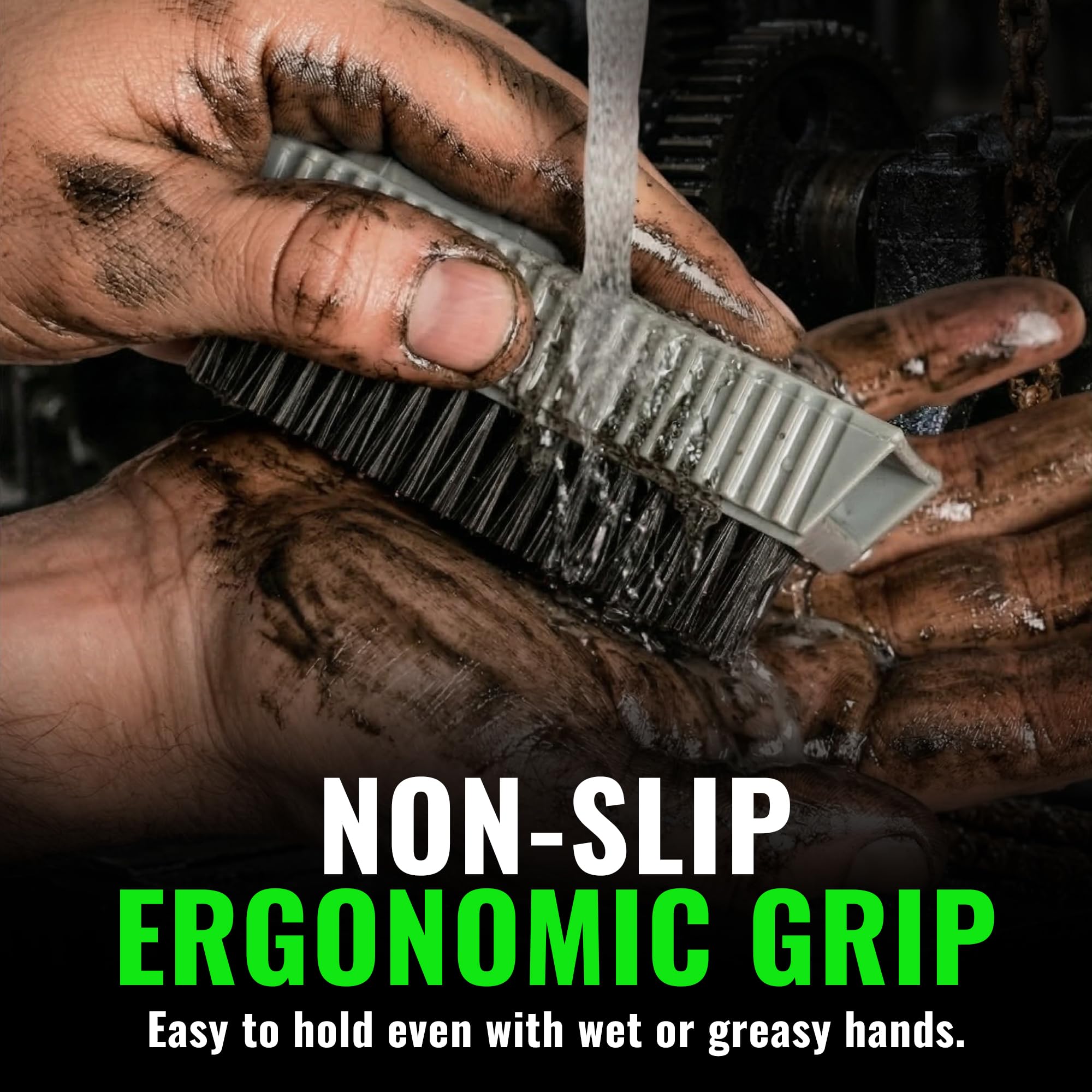 Close up of the extra stiff strength nylon bristles on the Grip Clean fingernail cleaner tool