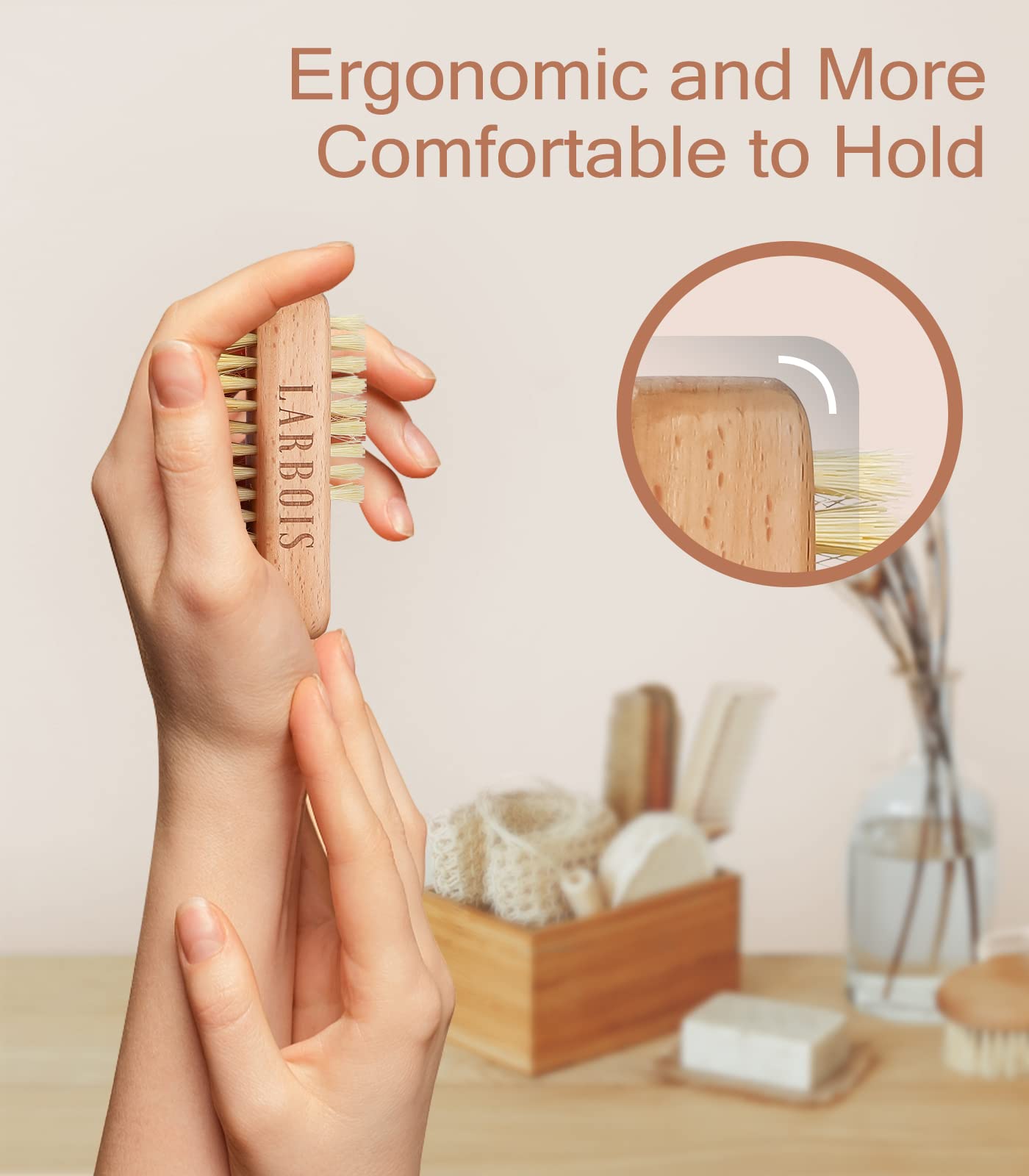 Larbois waterproof wooden nail brush displaying the ergonomic sanded handle