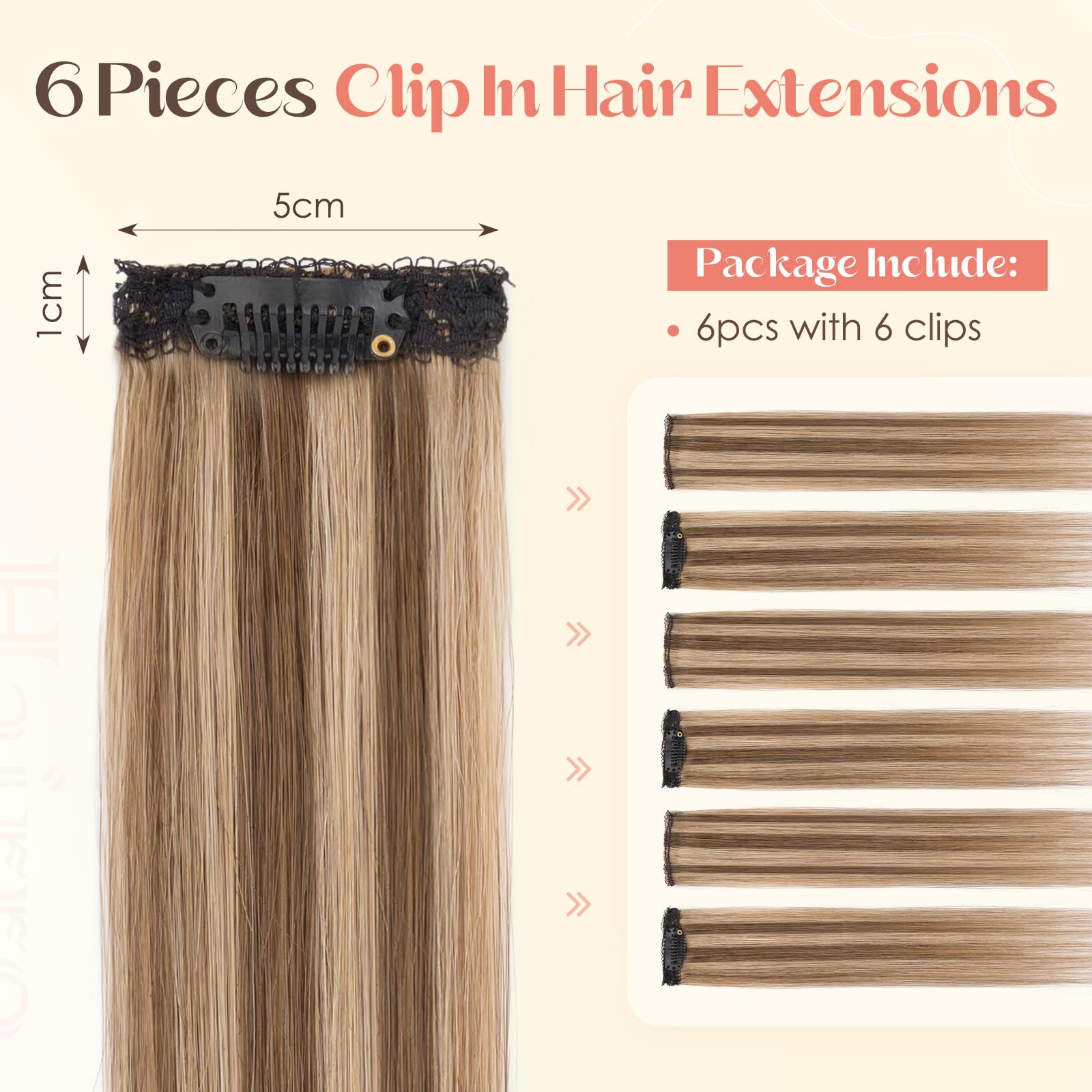 Hairro Remy Real Human Hair Clip Ins displaying the six mini stainless steel clips attached to the wefts