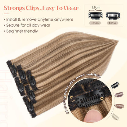 Detailed back view of the Hairro medium brown and dark blonde real human hair extensions package