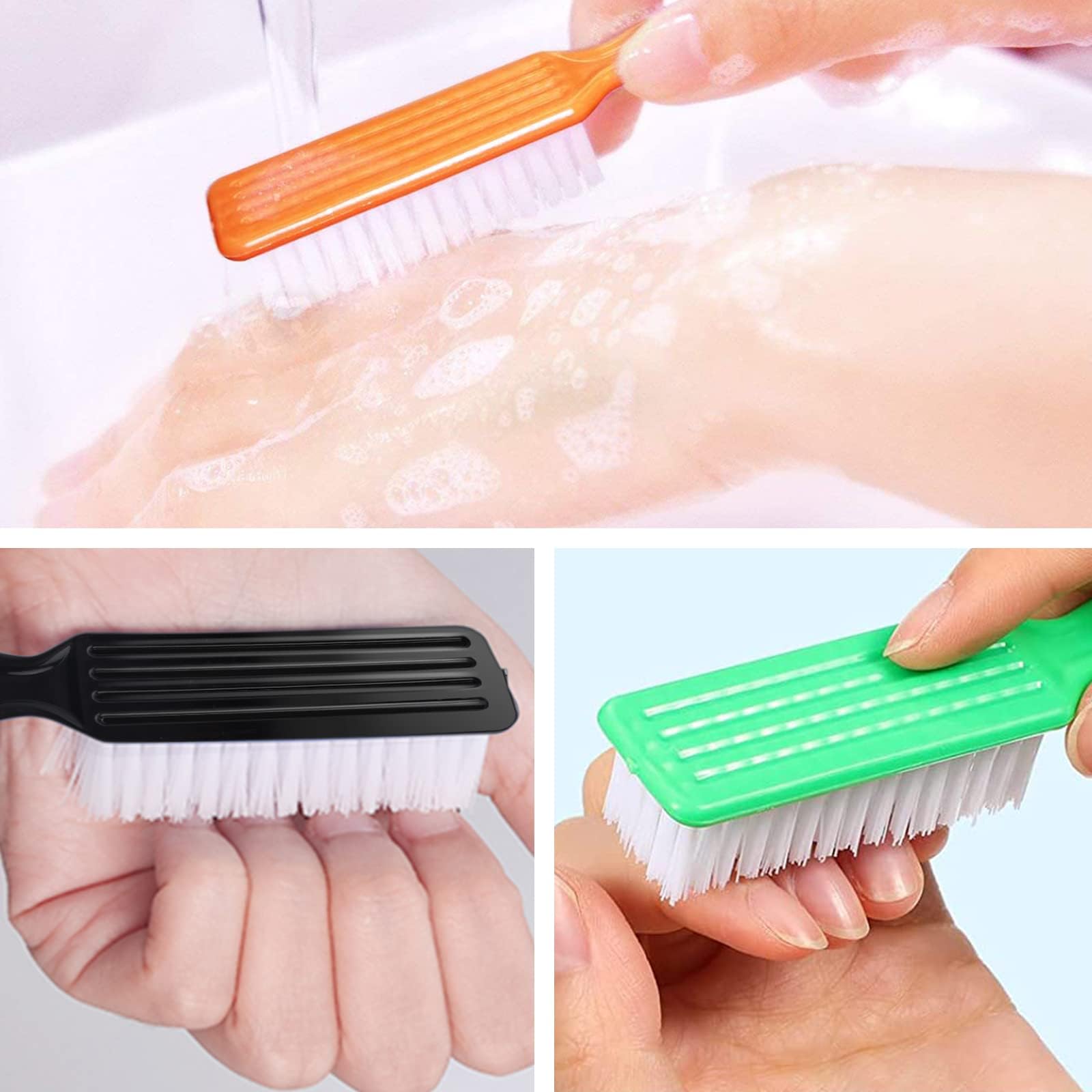 Ten-piece set of assorted bright color plastic nail cleaner brushes displayed together.
