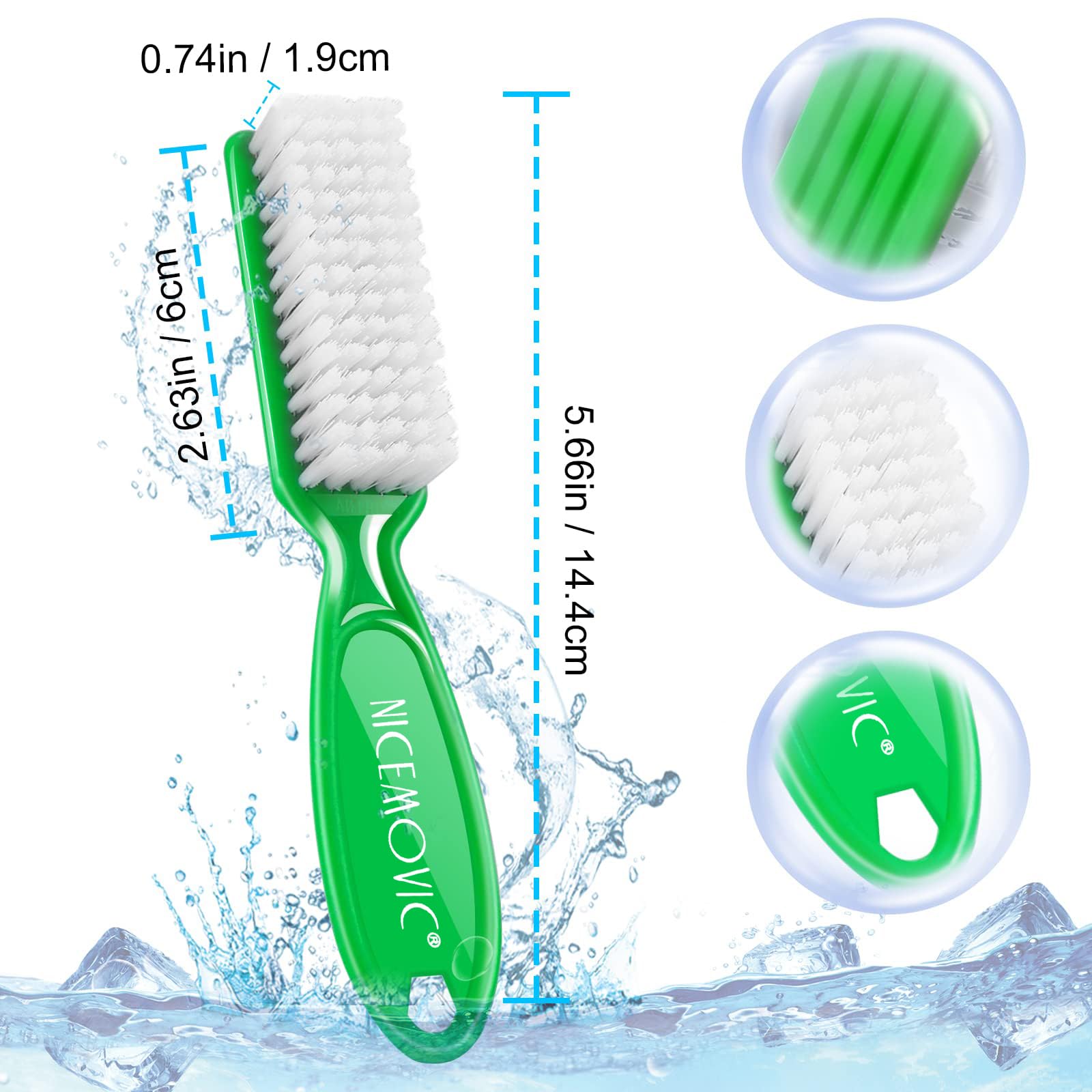 Hand holding a purple plastic grip manicure brush illustrating the ergonomic handle.