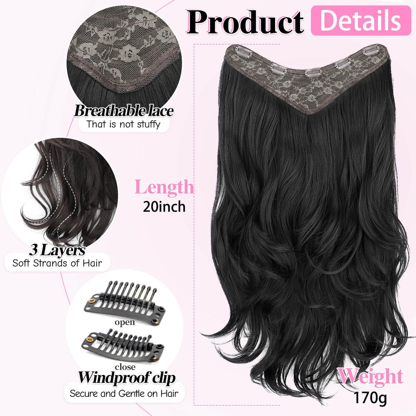 Vieuinaux long wavy black hair extensions displayed to showcase the thick 190 gram volume