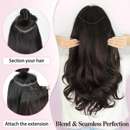 Close up look at the heat resistant fiber texture of Vieuinaux black wavy hairpiece