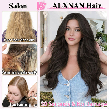 Model showcasing the back view of full head volume using Vieuinaux black wavy extensions
